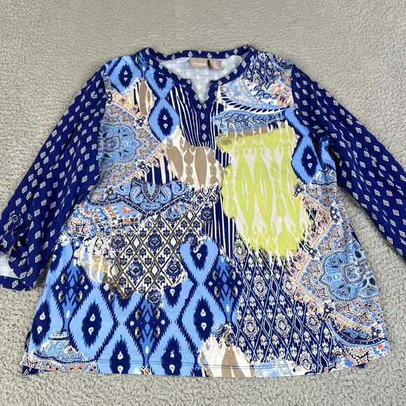 Chico's Blouse Womens 2 Blue Paisley Large Short Sleeve Roll Tab Pullover V Neck - Picture 1 of 10